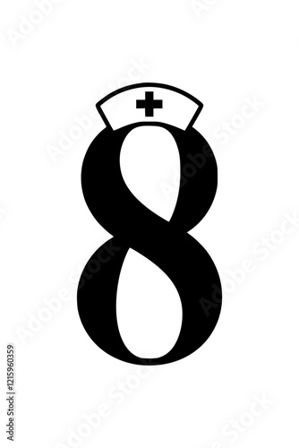 Number 8 with nurse hat illustration, Creative design of the number 8 featuring a nurse hat with a medical cross, symbolizing healthcare, nursing, and medical assistance.  
  
