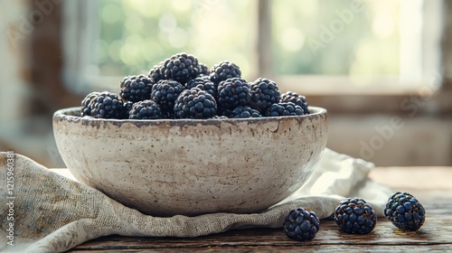 Freshly picked blackberries fill a rustic bowl placed on a wooden table, bathed in soft natural light, embodying the joy of summer's bounty in a charming kitchen setting.