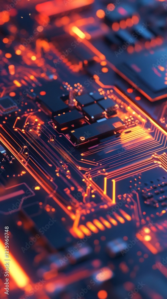 Intricate Circuit Board Glowing Vibrantly Warm Orange Hues. AI Generated Intricate Circuit Board Glowing Vibrantly Warm Orange Hues. AI Generated