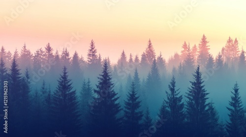 Misty sunrise over a coniferous forest, peaceful landscape