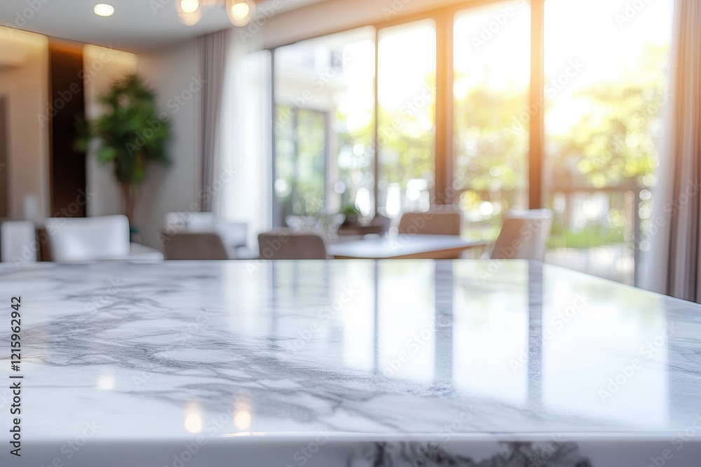 Modern marble kitchen countertop, sunlit living room background Modern marble kitchen countertop, sunlit living room background