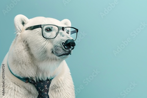 Funny polar bear wearing eyeglasses and tie on blue background, Ai Generated