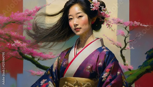 着物を着た日本人女性と桜の背景の古風なイラスト