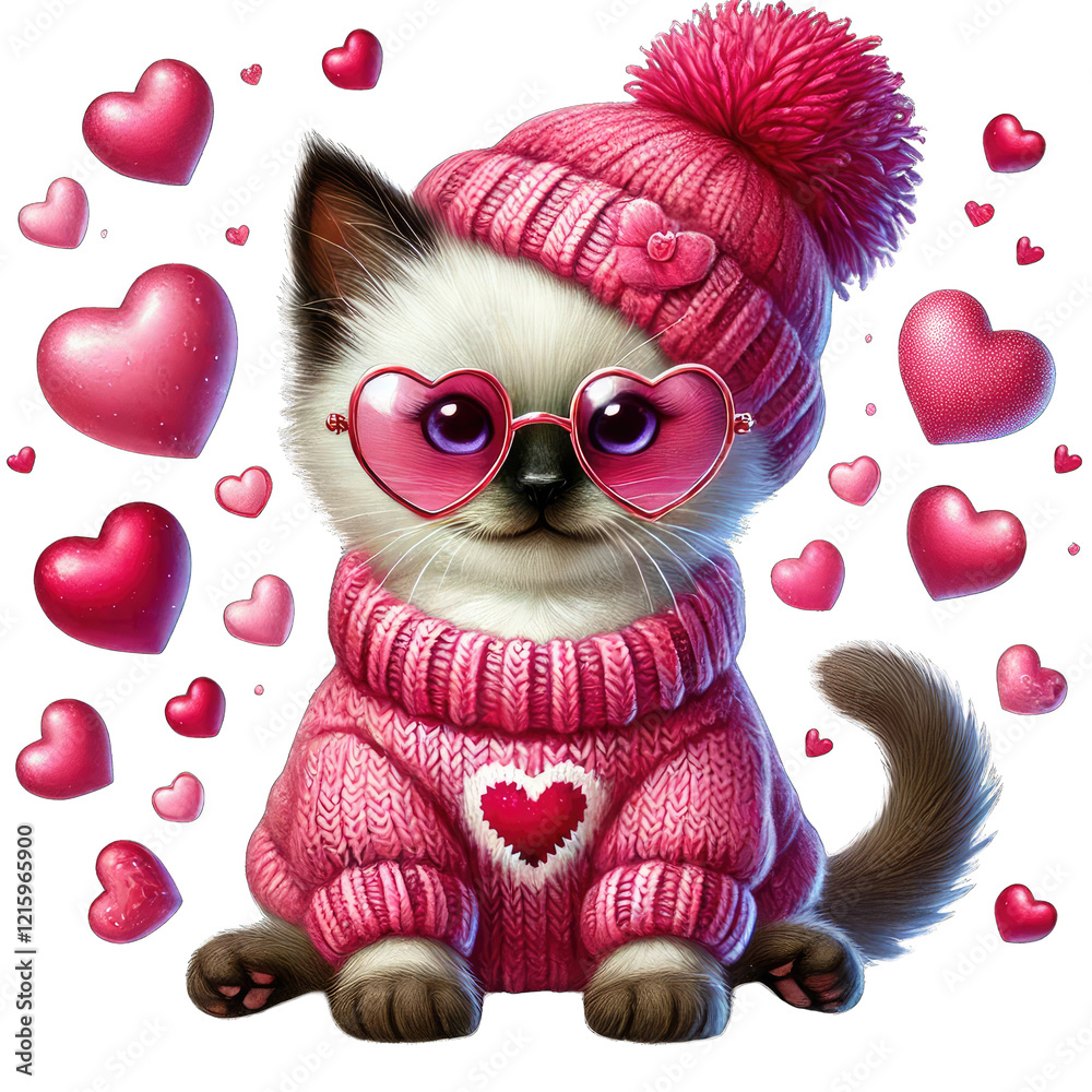 Obraz premium Cute kitten in pink hat and sweater surrounded by hearts, white background