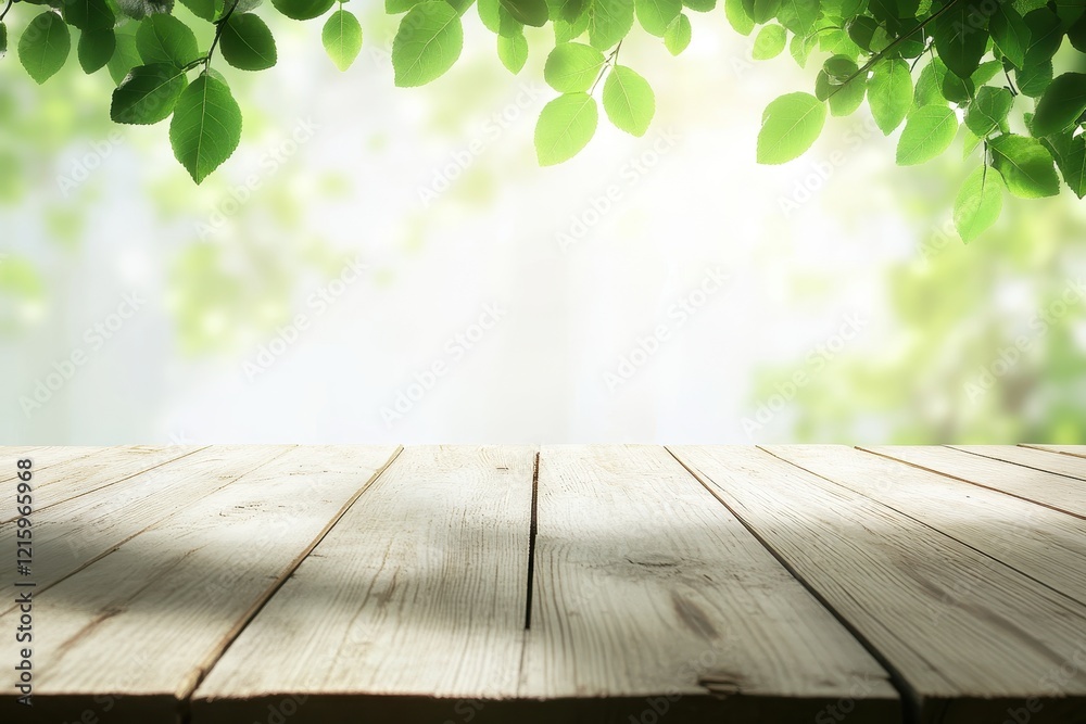 Wooden table, spring leaves, blurred background, nature scene, product display Wooden table, spring leaves, blurred background, nature scene, product display