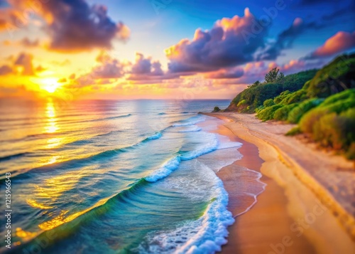 Pastel waves gently caress the shore in this serene tilt-shift seascape sunrise. photo