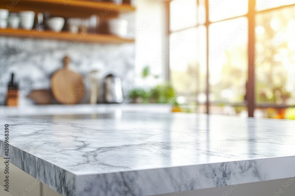 Modern kitchen countertop, sunlight, marble, display, empty Modern kitchen countertop, sunlight, marble, display, empty