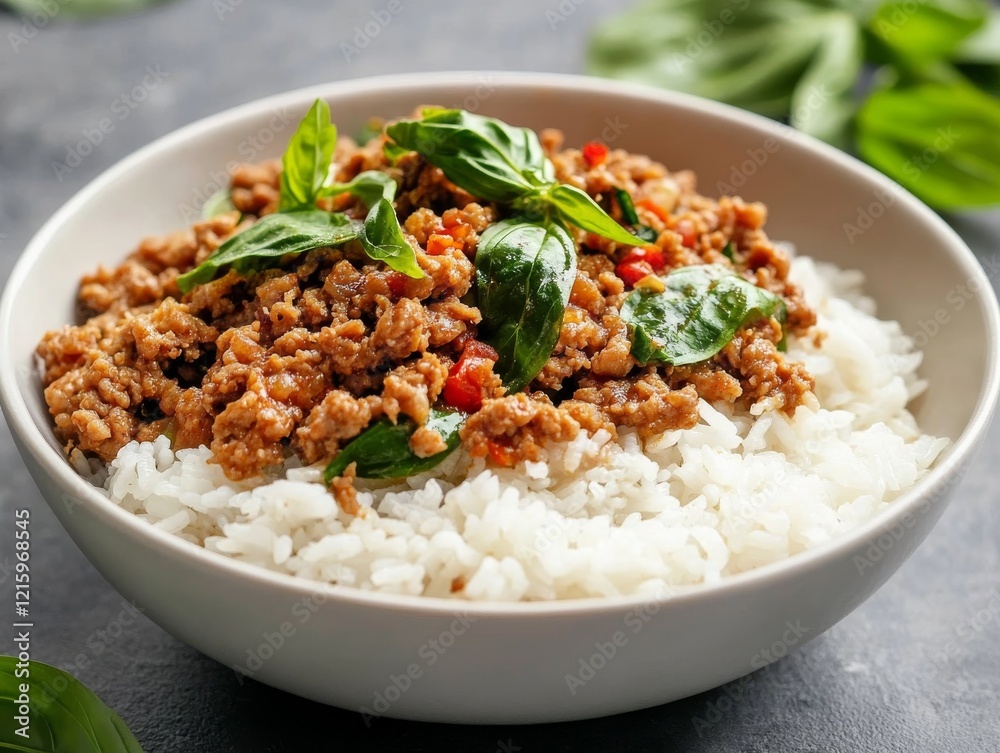A bowl of rice with Thai basil and spicy minced pork. Featuring a flavorful and aromatic dish with Thai spices. Highlighting a delicious and satisfying meal. Ideal for Thai recipes and spicy food. A bowl of rice with Thai basil and spicy minced pork. Featuring a flavorful and aromatic dish with Thai spices. Highlighting a delicious and satisfying meal. Ideal for Thai recipes and spicy food.