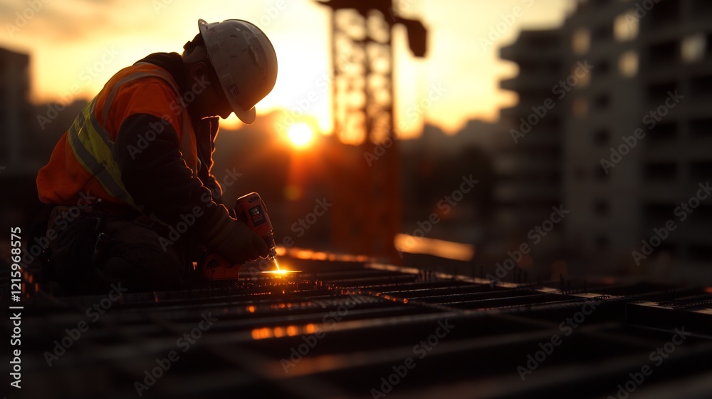 Fototapeta premium Construction Worker at Sunset: A Silhouette of Dedication