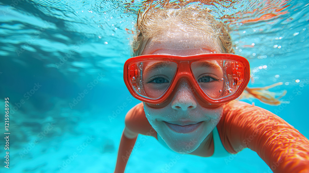 Naklejka premium Happy Little Girl Underwater Swimming in a Pool, Summer Fun and Recreation