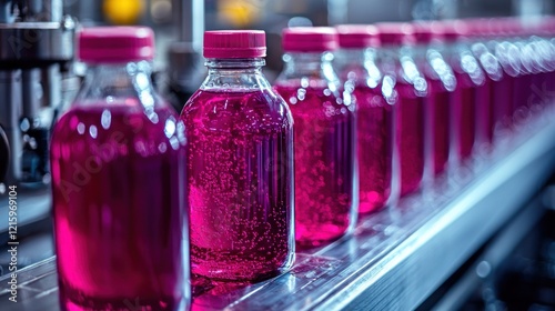 Wallpaper Mural Factory conveyor belt pink liquid bottles. Torontodigital.ca