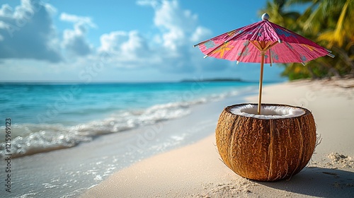 Wallpaper Mural Tropical Beach Paradise: Coconut Drink with Umbrella Torontodigital.ca