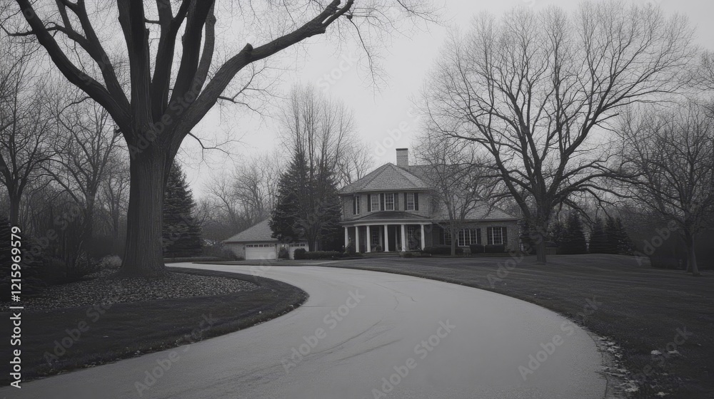 Suburban House on a Winding Driveway in Autumn Suburban House on a Winding Driveway in Autumn