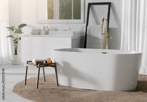 Stylish modern bathroom with elegant freestanding bathtub and luxurious fittings, 3D render illustration.