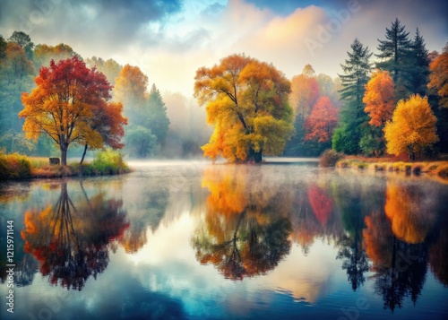 Wallpaper Mural Surreal autumn lake, misty fog swirls, double exposure dream. Torontodigital.ca