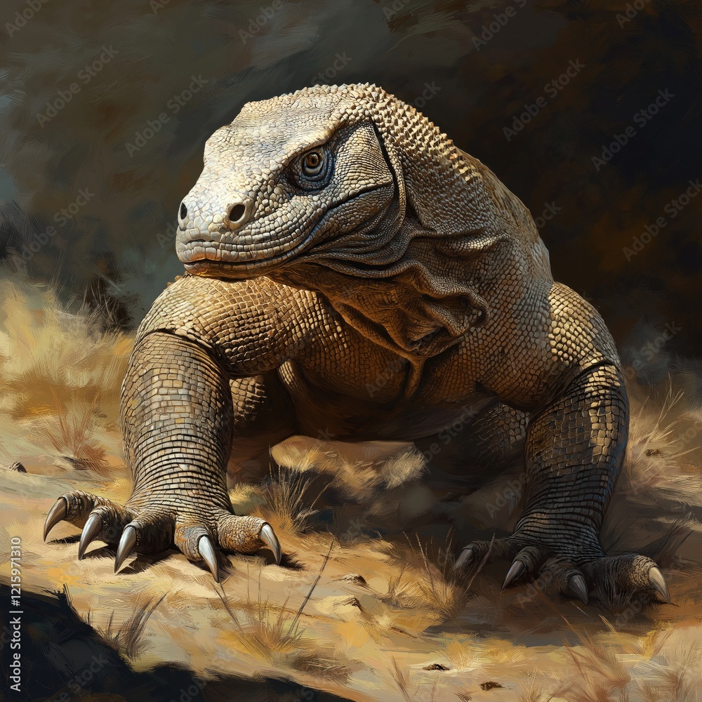 Obraz premium Komodo dragon in natural habitat with detailed scales and intense gaze