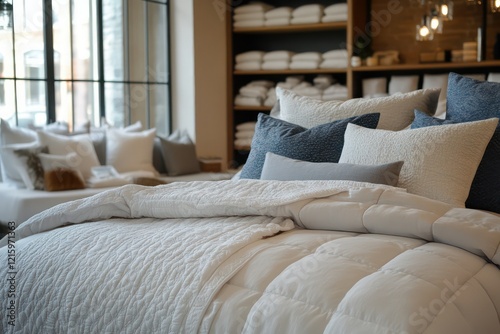 A high-end bedroom store with a luxurious bedding display, each set offering ultimate comfort and style