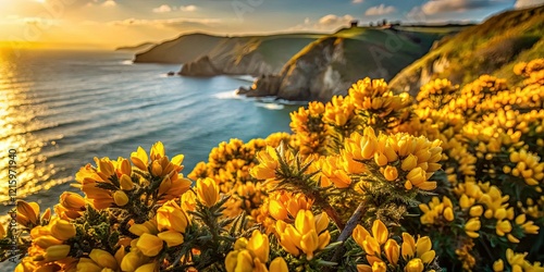 Vibrant Cornish gorse explodes in bloom, a clifftop wildflower spectacle captured close-up.