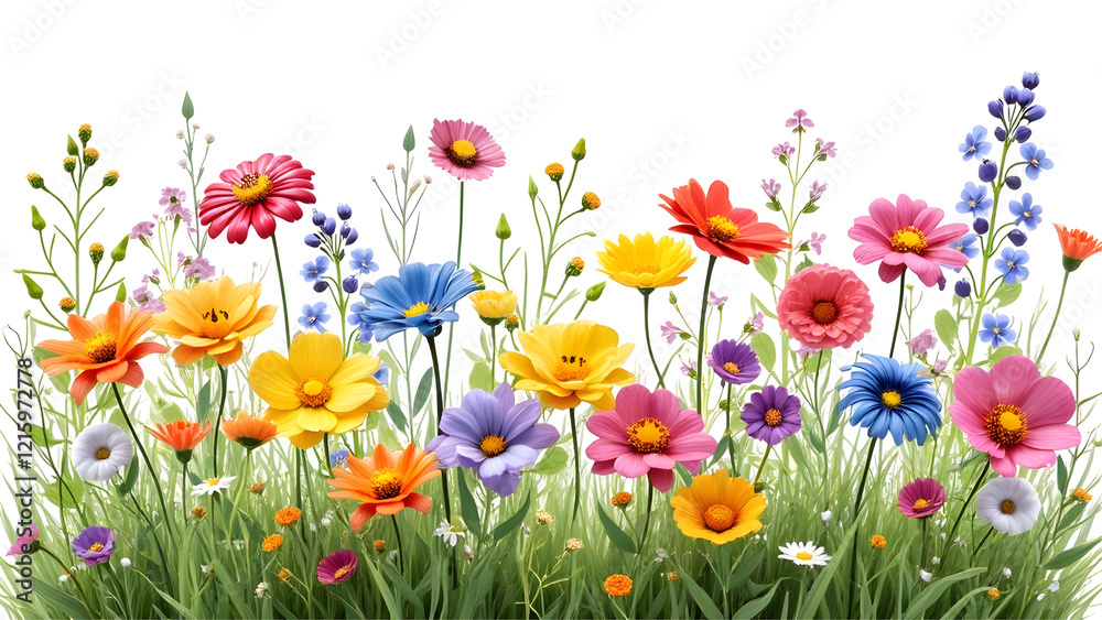 Fototapeta premium Colorful meadow and garden flowers isolated transparent background.