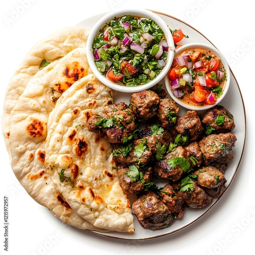 chapli kabab desi Pakistani food display in a plate with naan and sauces
 photo