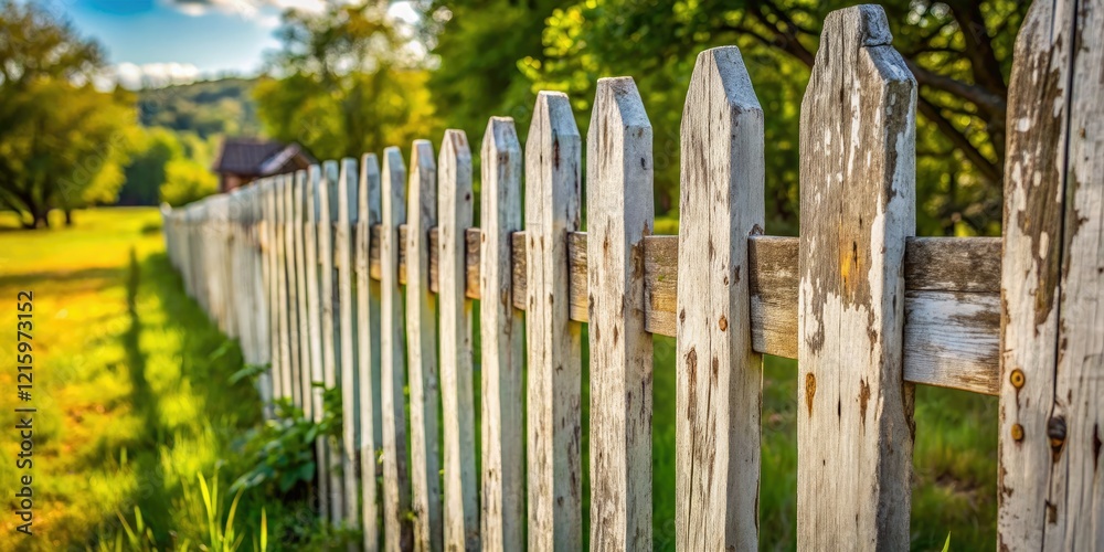 Fototapeta premium Weathered white wooden fence, rural scene, classic countryside charm. Rule of thirds composition enhances the rustic beauty.