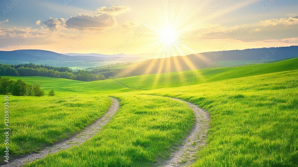 Fototapeta premium Sunlit Rolling Hills Scenic Countryside Path