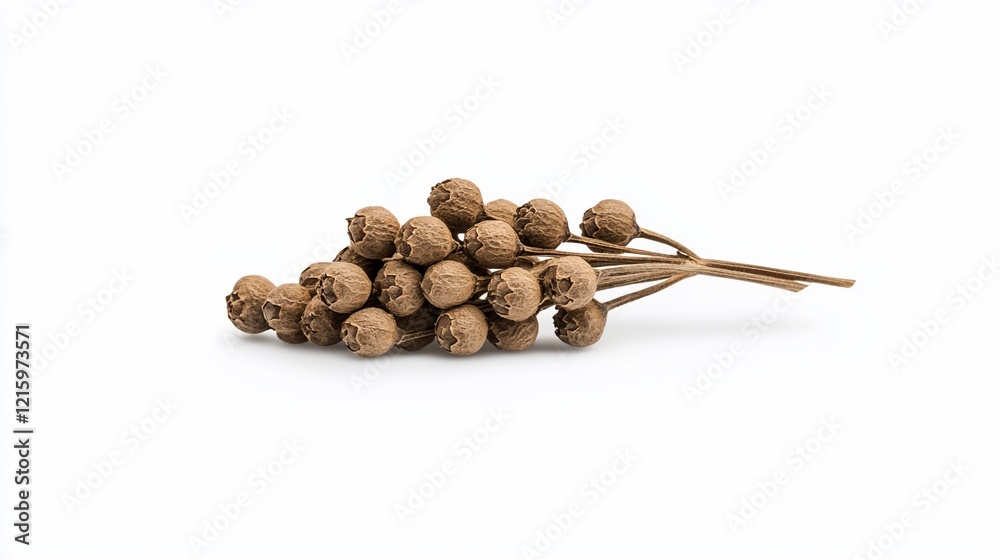 Obraz premium Dried brown peppercorns on stem, isolated.