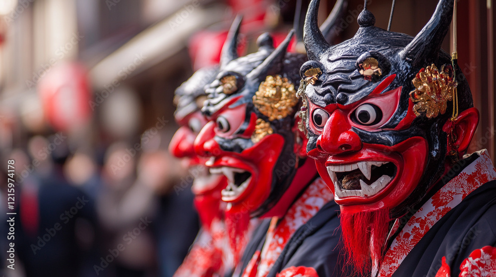 Fototapeta premium Traditional Setsubun celebration featuring demon masks on display in a vibrant festival atmosphere