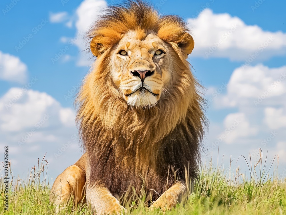 Obraz premium Majestic lion with a full mane resting in tall grass against a blue sky backdrop