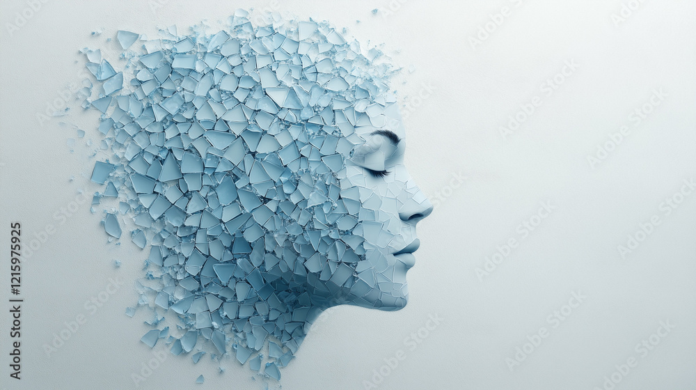 Shattered Serenity: A woman's profile, rendered in shades of blue, is depicted with her face fragmented into shards of glass. The image evokes a sense of fragility, inner turmoil. Shattered Serenity: A woman's profile, rendered in shades of blue, is depicted with her face fragmented into shards of glass. The image evokes a sense of fragility, inner turmoil.