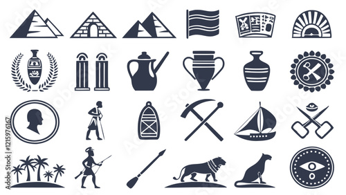 Flat Icons Silhouettes Depicting Ancient Civilizations and Archaeological Tools