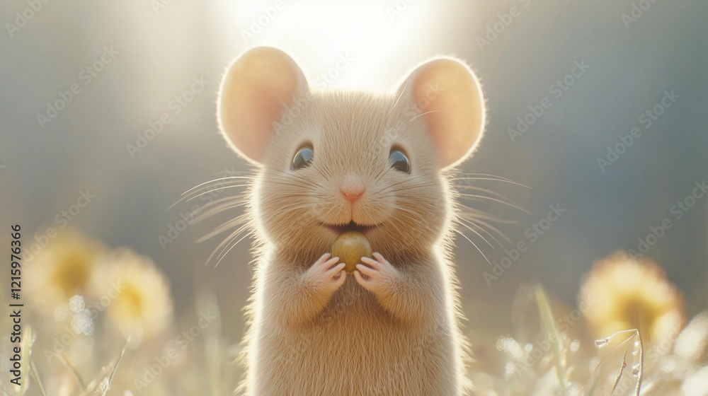 Adorable Mouse with Acorn: A charming, fluffy house mouse holds a tiny acorn, basking in the warm sunlight of a flower meadow. Its big eyes and gentle smile create a heartwarming image. Adorable Mouse with Acorn: A charming, fluffy house mouse holds a tiny acorn, basking in the warm sunlight of a flower meadow. Its big eyes and gentle smile create a heartwarming image.