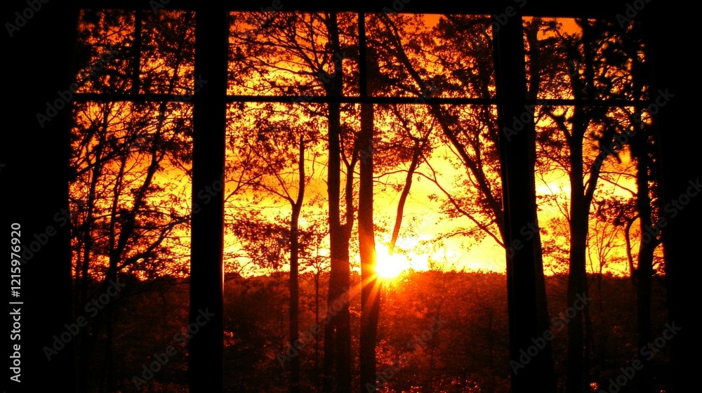 Sunset Silhouette Through Window Pane Forest View Sunset Silhouette Through Window Pane Forest View
