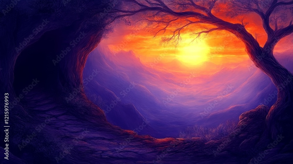 Sunset Vista Cave, Tree, and Mountain Panorama Sunset Vista Cave, Tree, and Mountain Panorama