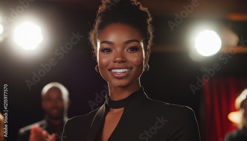 A Smiling Black Woman Posing In Stage Lighting photo