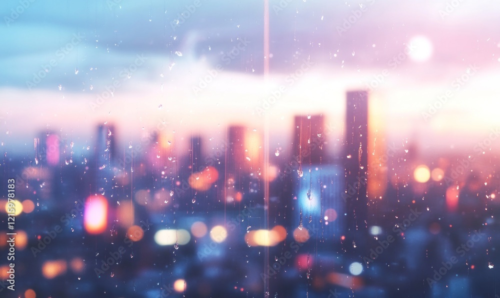 Obraz premium Rainy Cityscape at Sunset: A View Through the Window
