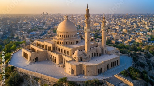 Aerial View of the Majestic Mosque in Mosul, Iraq at Sunrise