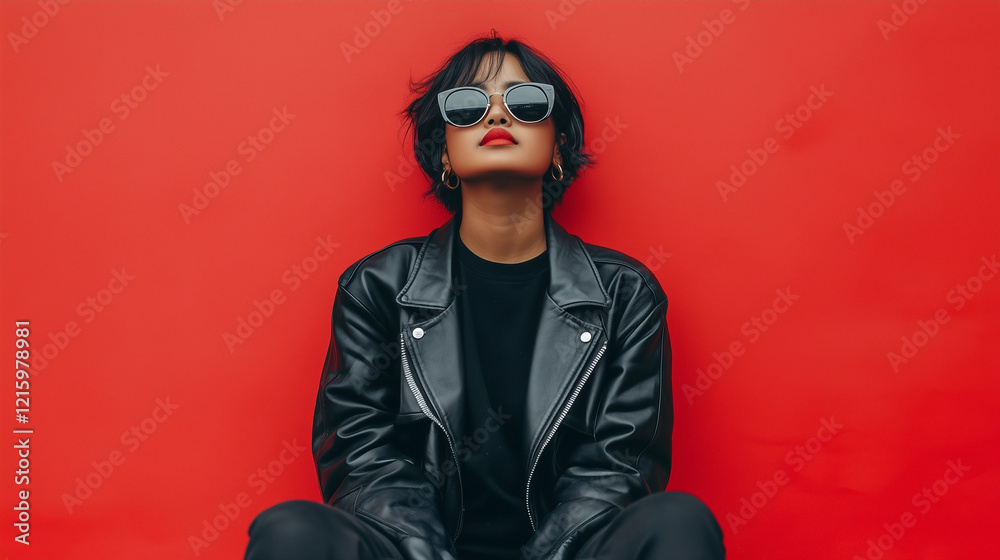 Red Hot Rebel: A young woman with short black hair and dark sunglasses exudes confidence, sitting against a vibrant red background while wearing a black leather jacket. Her pose is powerful, stylish. Red Hot Rebel: A young woman with short black hair and dark sunglasses exudes confidence, sitting against a vibrant red background while wearing a black leather jacket. Her pose is powerful, stylish.