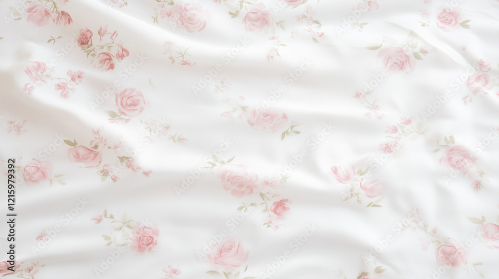 Floral Bed Linen: A delicate pattern of blush pink roses adorns soft white linen, creating a romantic and cozy feel for a bedroom. The gentle wrinkles add a touch of relaxed elegance. Floral Bed Linen: A delicate pattern of blush pink roses adorns soft white linen, creating a romantic and cozy feel for a bedroom. The gentle wrinkles add a touch of relaxed elegance.