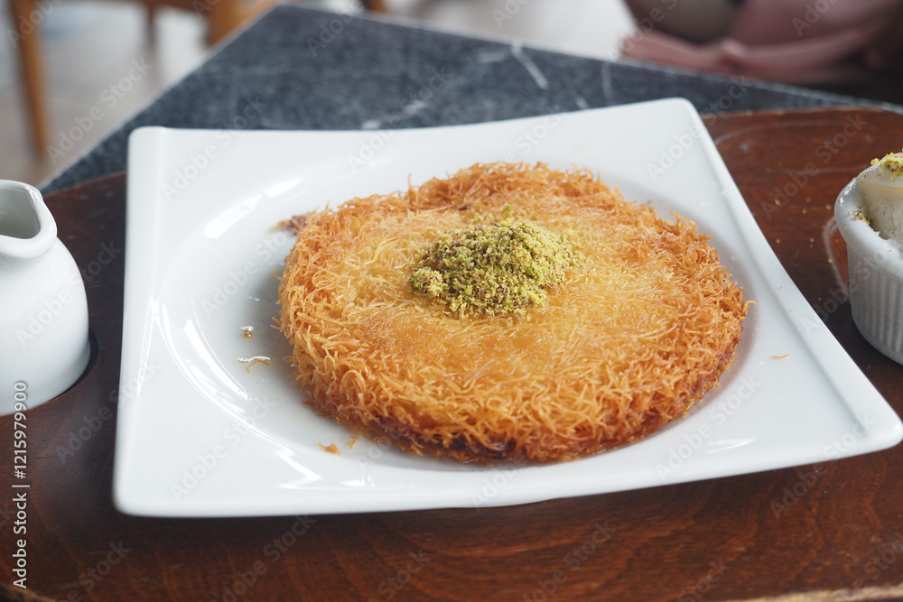 Turkish dessert kunefe, kunafa, kadayif with pistachio Turkish dessert kunefe, kunafa, kadayif with pistachio