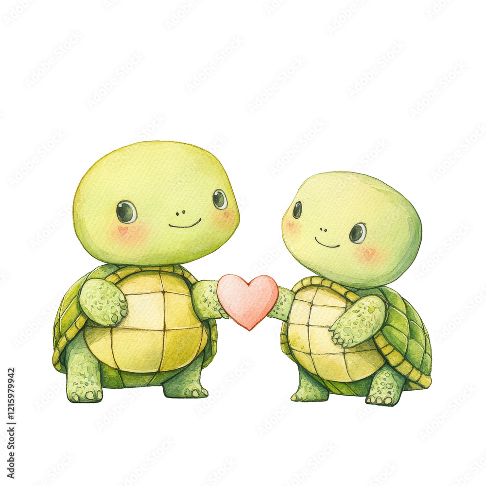 Obraz premium Two cute turtles hold a heart symbol, conveying friendship and affection in a playful and charming manner. png, transperent background