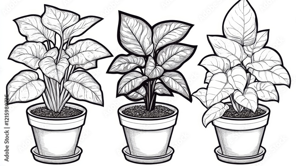 Fototapeta premium Three Potted Plants Line Art Illustrations