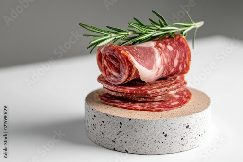 Freshly Sliced Salami and Meat Stacks with Rosemary on Modern Stone Surface, Ideal for Culinary, Deli, or Gourmet Food Themes in Stock Photography photo