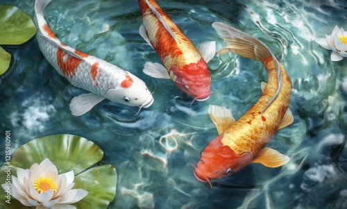 Three Koi Fish Swimming in a Pond with Lily Pads and White Lotus Flowers Around them