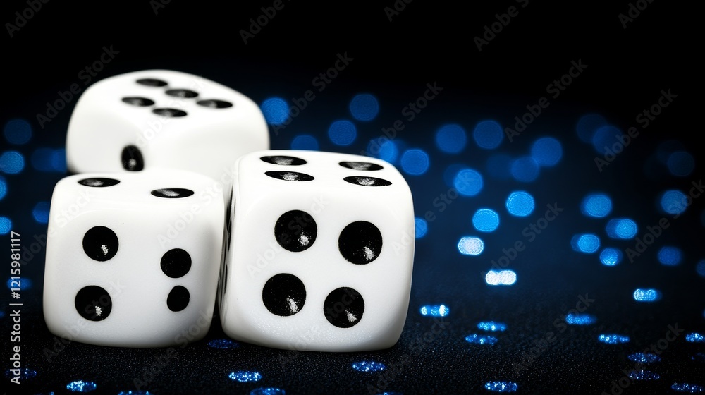 Three White Dice on Blue Glittering Background, Close-up Shot Three White Dice on Blue Glittering Background, Close-up Shot