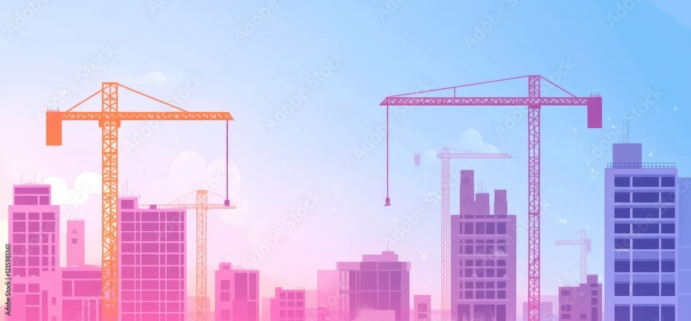 Fototapeta premium colorful flat illustration of the construction site with cranes and buildings, city skyline in the background