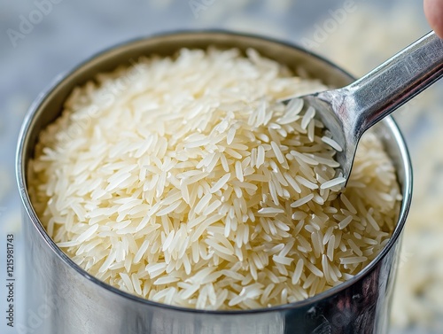 A close-up of basmati rice being measured with a cup. Featuring uncooked basmati rice grains. Highlighting the preparation process. Ideal for cooking tutorials and recipe books. photo