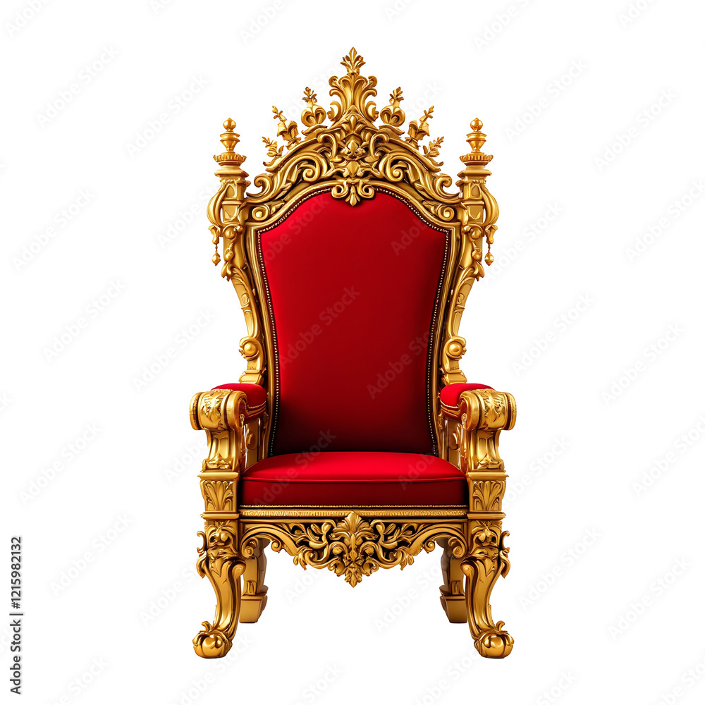 Regal red velvet throne chair with gold leafing isolated on transparent background, Cut out Regal red velvet throne chair with gold leafing isolated on transparent background, Cut out