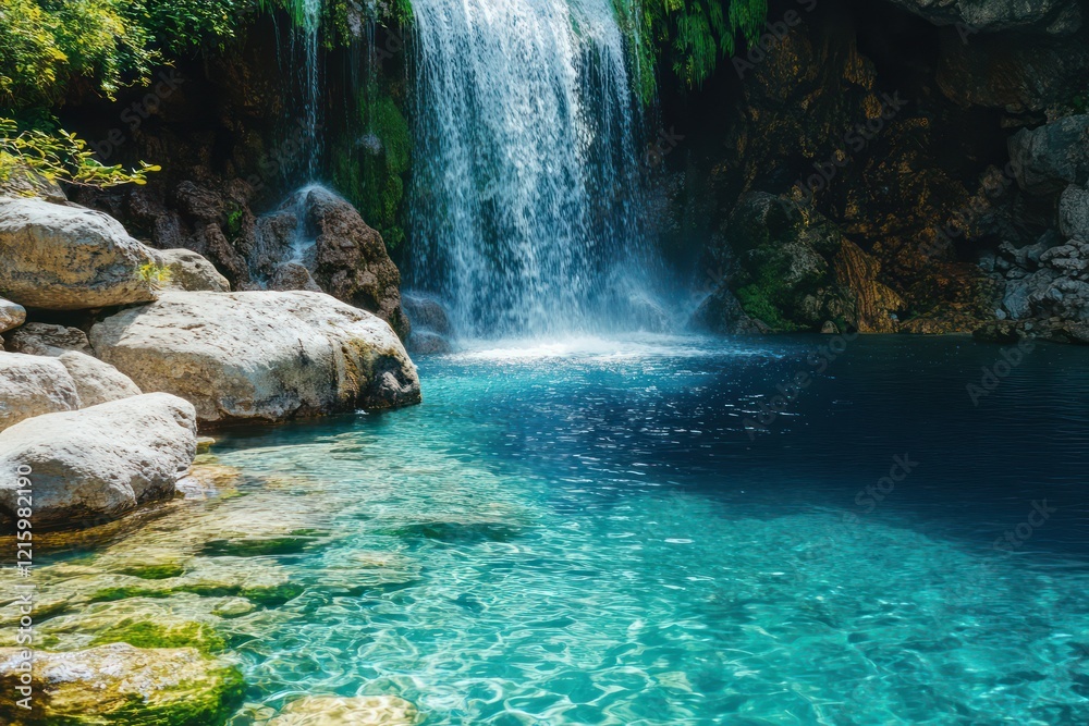 Naklejka premium A majestic waterfall cascading down into a crystal-clear pool, where the water sparkles under the sunlight
