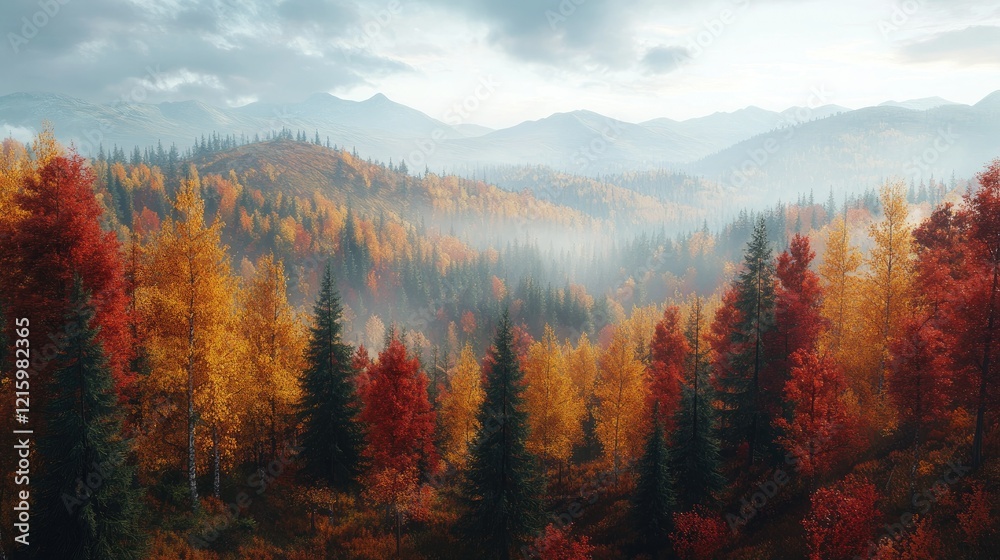 Autumnal Mountain Majesty: A Misty Forest in Vivid Hues Autumnal Mountain Majesty: A Misty Forest in Vivid Hues